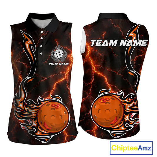 Personalized Flame Pickleball Sleeveless Polo Shirt For Women Custom Orange Thunder Pickleball Jersey Pickleball Gifts NYN4582