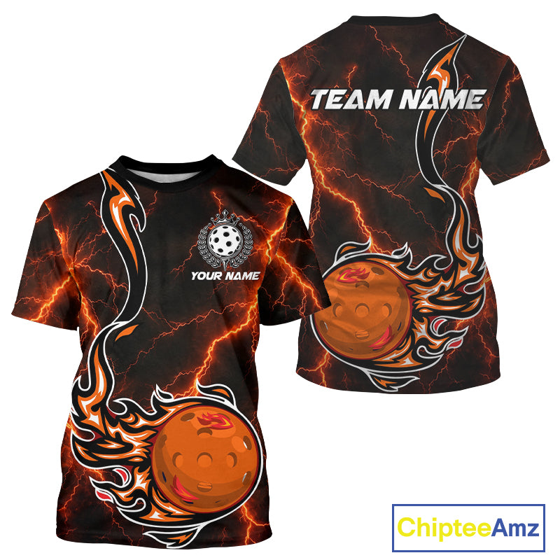 Personalized Flame Pickleball Shirt For Men Custom Orange Thunder Pickleball Jersey Pickleball Gifts NYN4582