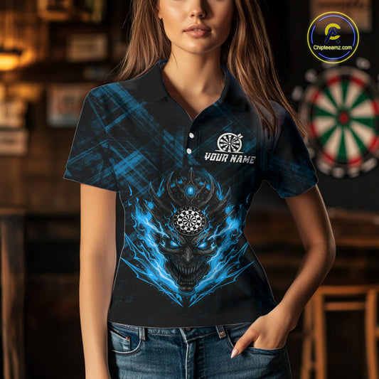 Blue Skull Lightning Thunder Grunge Dartboard Custom Women Polo Darts Shirt Dart Gifts NYN2014