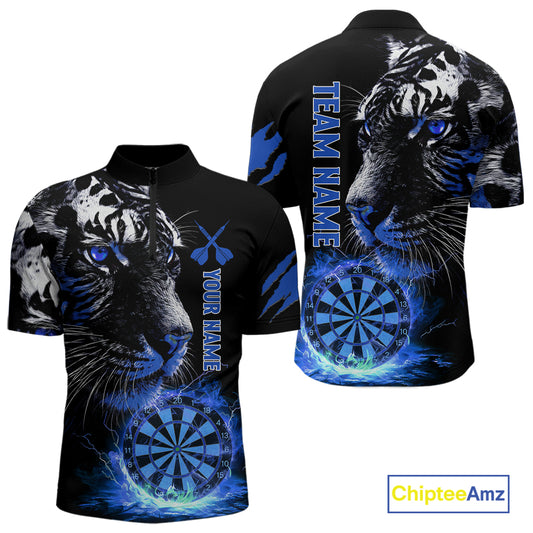 Blue Horror Tiger Fire Flame Dartboard Custom Men Darts Quarter-Zip League Shirts Dart Jerseys NYN2249