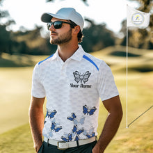 Load image into Gallery viewer, Blue Pattern Butterfly Mens Golf Polo Shirt Custom Name White Ball Golf Clothes Shirts NYN2909