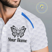 Load image into Gallery viewer, Blue Pattern Butterfly Mens Golf Polo Shirt Custom Name White Ball Golf Clothes Shirts NYN2909