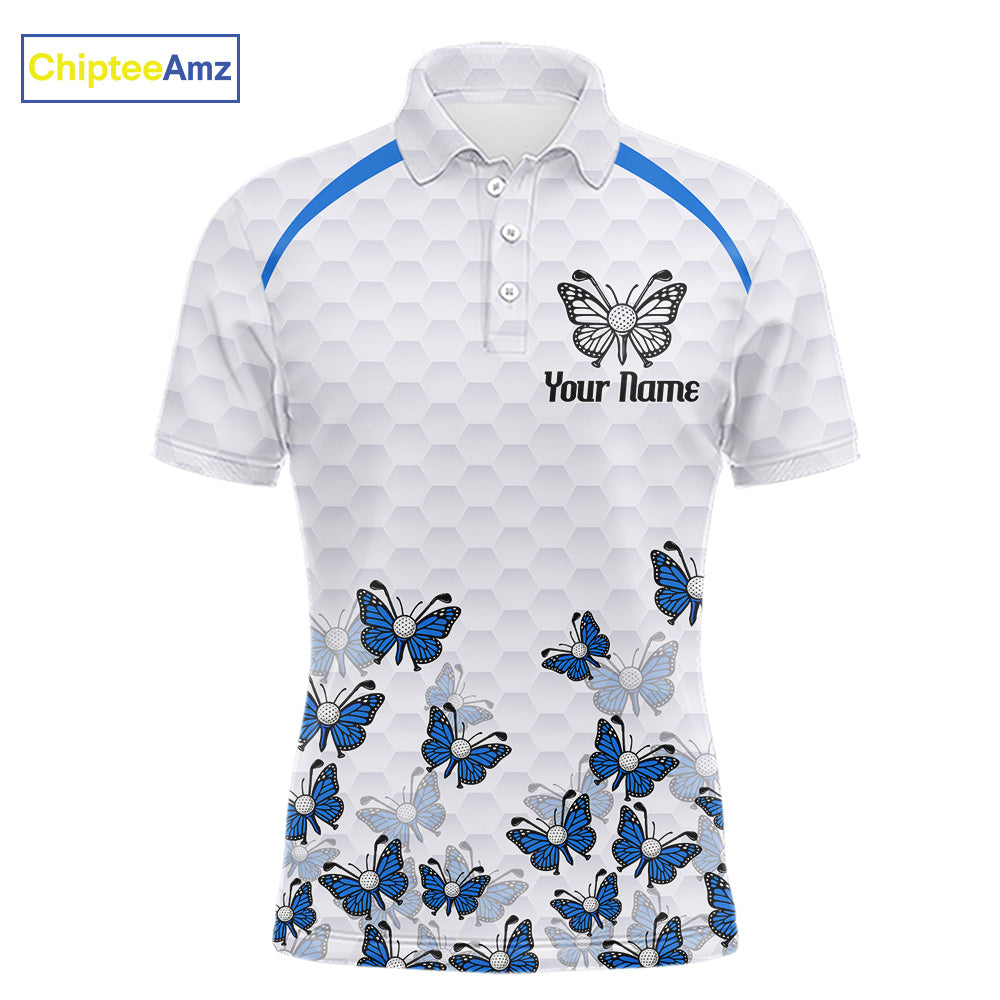 Blue Pattern Butterfly Mens Golf Polo Shirt Custom Name White Ball Golf Clothes Shirts NYN2909
