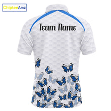 Load image into Gallery viewer, Blue Pattern Butterfly Mens Golf Polo Shirt Custom Name White Ball Golf Clothes Shirts NYN2909