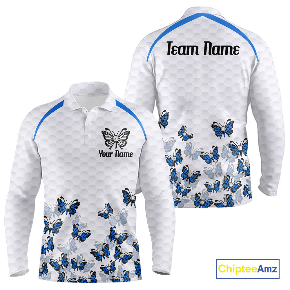 Blue Pattern Butterfly Mens Golf Polo Shirt Custom Name White Ball Golf Clothes Shirts NYN2909