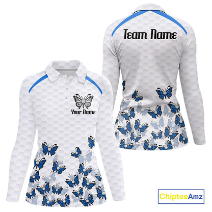 Blue Pattern Butterfly Womens Golf Polo Shirt Custom Name White Ball Golf Clothes Shirts NYN2909