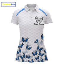 Load image into Gallery viewer, Blue Pattern Butterfly Womens Golf Polo Shirt Custom Name White Ball Golf Clothes Shirts NYN2909
