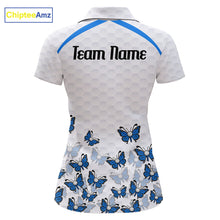 Load image into Gallery viewer, Blue Pattern Butterfly Womens Golf Polo Shirt Custom Name White Ball Golf Clothes Shirts NYN2909