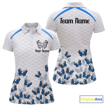 Load image into Gallery viewer, Blue Pattern Butterfly Womens Golf Polo Shirt Custom Name White Ball Golf Clothes Shirts NYN2909