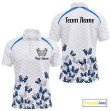 Load image into Gallery viewer, Blue Pattern Butterfly Mens Golf Polo Shirt Custom Name White Ball Golf Clothes Shirts NYN2909