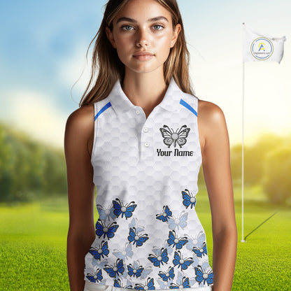 Blue Pattern Butterfly Womens Sleeveless Golf Polo Shirt Custom Name White Ball Golf Clothes Shirts NYN2909