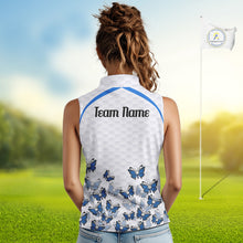 Load image into Gallery viewer, Blue Pattern Butterfly Womens Sleeveless Golf Polo Shirt Custom Name White Ball Golf Clothes Shirts NYN2909