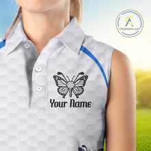 Load image into Gallery viewer, Blue Pattern Butterfly Womens Sleeveless Golf Polo Shirt Custom Name White Ball Golf Clothes Shirts NYN2909
