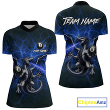 Load image into Gallery viewer, Blue flaming dragon billiard 1/4-zip shirt with 8 ball design for women