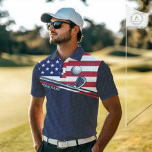 Load image into Gallery viewer, Male golfer wearing funny cat American flag golf polo shirt, personalized golf apparel, patriotic golf outfit
