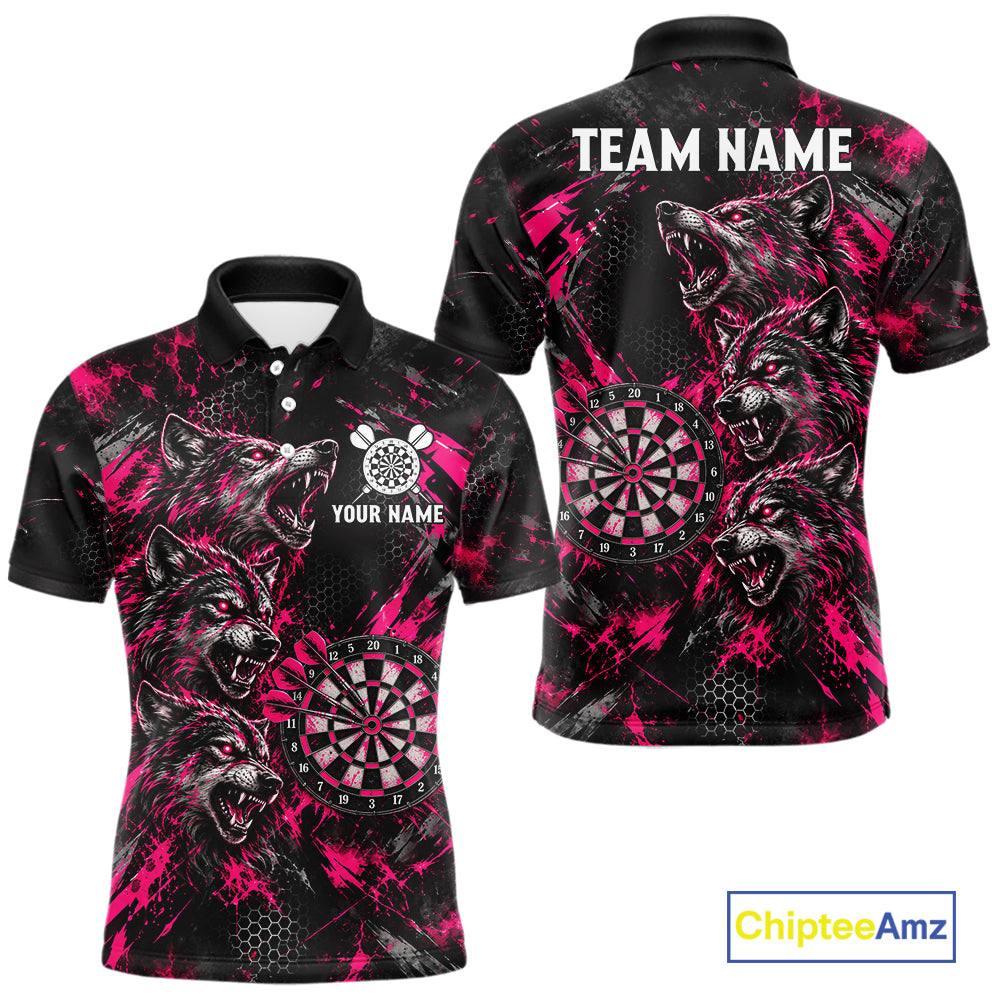 Personalized Pink Splatter Wolf Darts Polo 1/4-Zip Shirt For Men Custom Angry Wolf Darts Team Jersey NYN4605