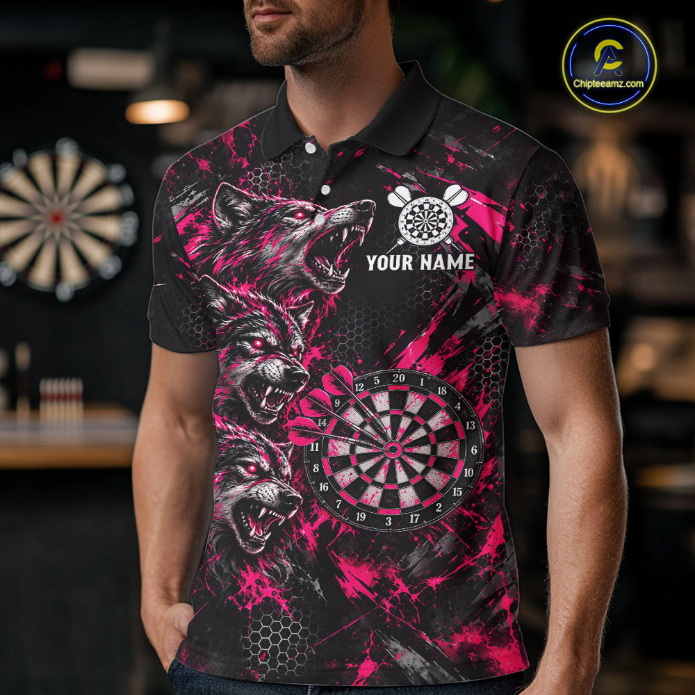 Personalized Pink Splatter Wolf Darts Polo 1/4-Zip Shirt For Men Custom Angry Wolf Darts Team Jersey NYN4605