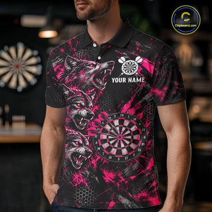 Personalized Pink Splatter Wolf Darts Polo 1/4-Zip Shirt For Men Custom Angry Wolf Darts Team Jersey NYN4605