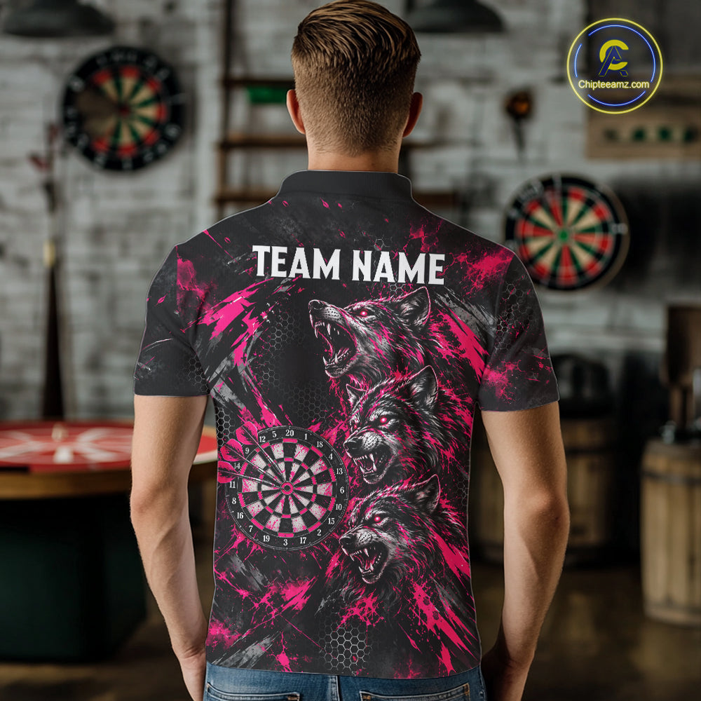 Personalized Pink Splatter Wolf Darts Polo 1/4-Zip Shirt For Men Custom Angry Wolf Darts Team Jersey NYN4605
