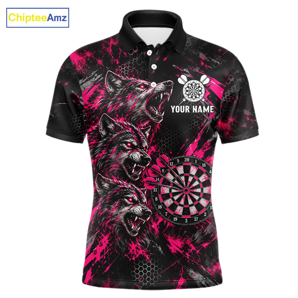 Personalized Pink Splatter Wolf Darts Polo 1/4-Zip Shirt For Men Custom Angry Wolf Darts Team Jersey NYN4605