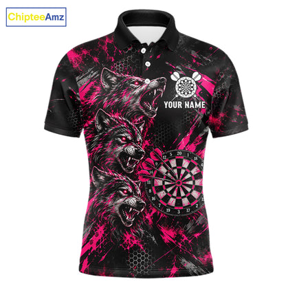 Personalized Pink Splatter Wolf Darts Polo 1/4-Zip Shirt For Men Custom Angry Wolf Darts Team Jersey NYN4605