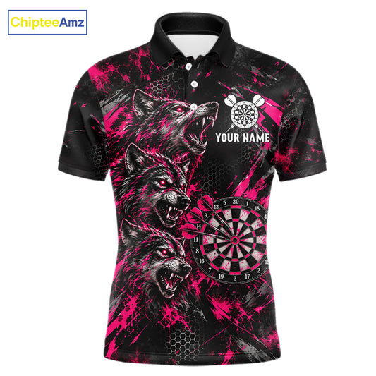 Personalized Pink Splatter Wolf Darts Polo 1/4-Zip Shirt For Men Custom Angry Wolf Darts Team Jersey NYN4605
