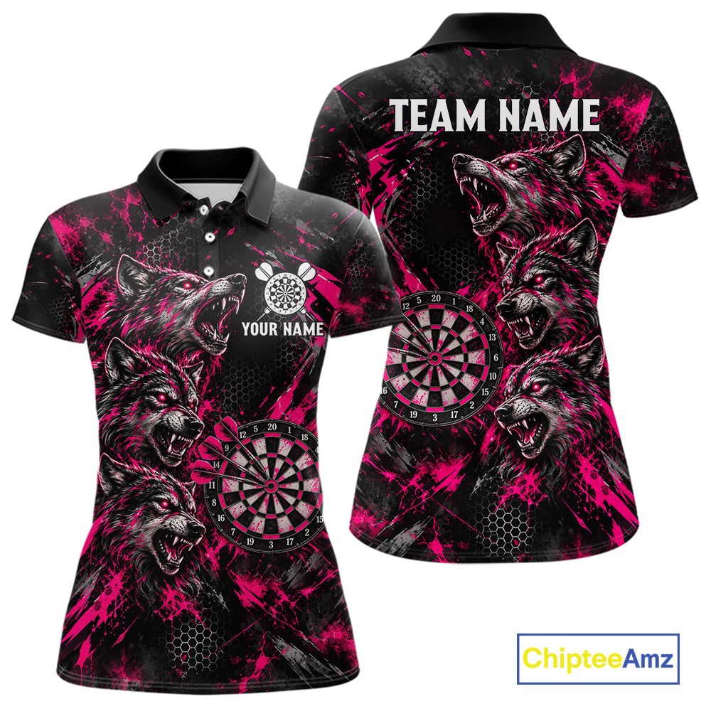 Personalized Pink Splatter Wolf Darts Polo 1/4-Zip Shirt For Women Custom Angry Wolf Darts Team Jersey NYN4605