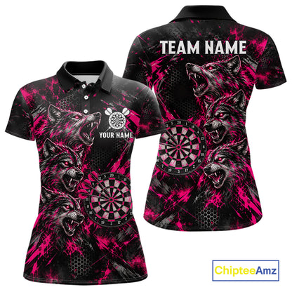 Personalized Pink Splatter Wolf Darts Polo 1/4-Zip Shirt For Women Custom Angry Wolf Darts Team Jersey NYN4605