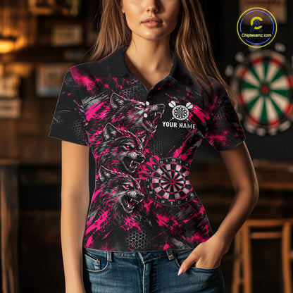 Personalized Pink Splatter Wolf Darts Polo 1/4-Zip Shirt For Women Custom Angry Wolf Darts Team Jersey NYN4605