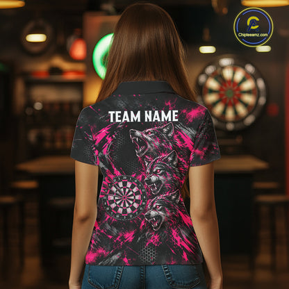Personalized Pink Splatter Wolf Darts Polo 1/4-Zip Shirt For Women Custom Angry Wolf Darts Team Jersey NYN4605