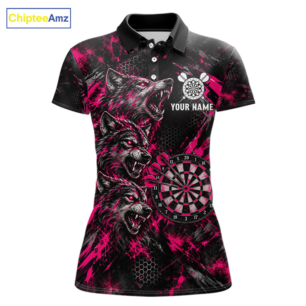 Personalized Pink Splatter Wolf Darts Polo 1/4-Zip Shirt For Women Custom Angry Wolf Darts Team Jersey NYN4605