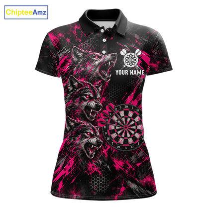 Personalized Pink Splatter Wolf Darts Polo 1/4-Zip Shirt For Women Custom Angry Wolf Darts Team Jersey NYN4605