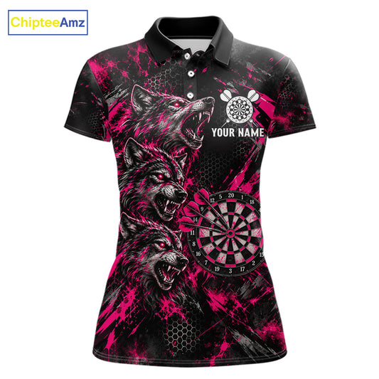 Personalized Pink Splatter Wolf Darts Polo 1/4-Zip Shirt For Women Custom Angry Wolf Darts Team Jersey NYN4605