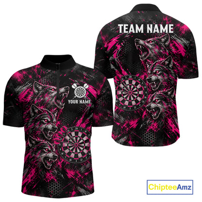 Personalized Pink Splatter Wolf Darts Polo 1/4-Zip Shirt For Men Custom Angry Wolf Darts Team Jersey NYN4605