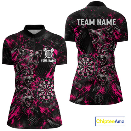 Personalized Pink Splatter Wolf Darts Polo 1/4-Zip Shirt For Women Custom Angry Wolf Darts Team Jersey NYN4605