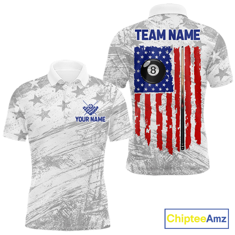 Grey Grunge US Flag Billiard Polo 1/4-Zip Shirt For Men Custom Patriotic Billiard Team Jersey NYN4606