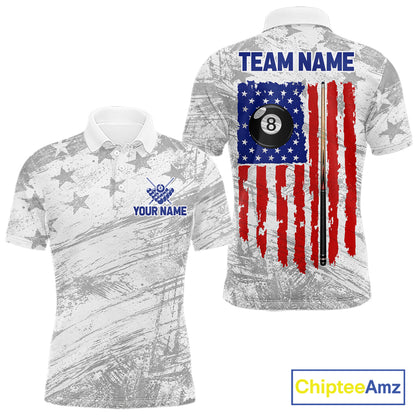 Grey Grunge US Flag Billiard Polo 1/4-Zip Shirt For Men Custom Patriotic Billiard Team Jersey NYN4606