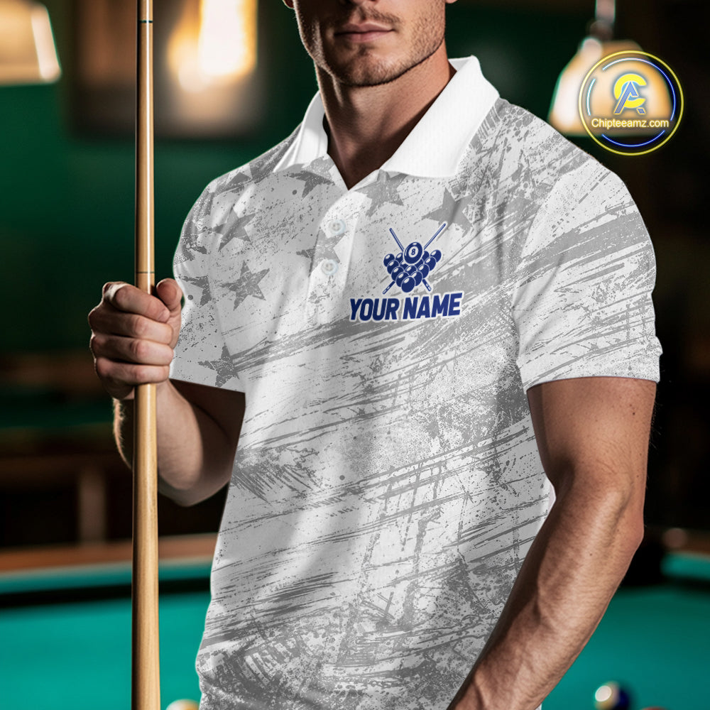 Grey Grunge US Flag Billiard Polo 1/4-Zip Shirt For Men Custom Patriotic Billiard Team Jersey NYN4606
