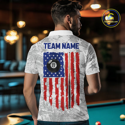 Grey Grunge US Flag Billiard Polo 1/4-Zip Shirt For Men Custom Patriotic Billiard Team Jersey NYN4606