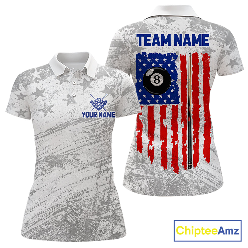 Grey Grunge US Flag Billiard Polo 1/4-Zip Shirt For Women Custom Patriotic Billiard Team Jersey NYN4606