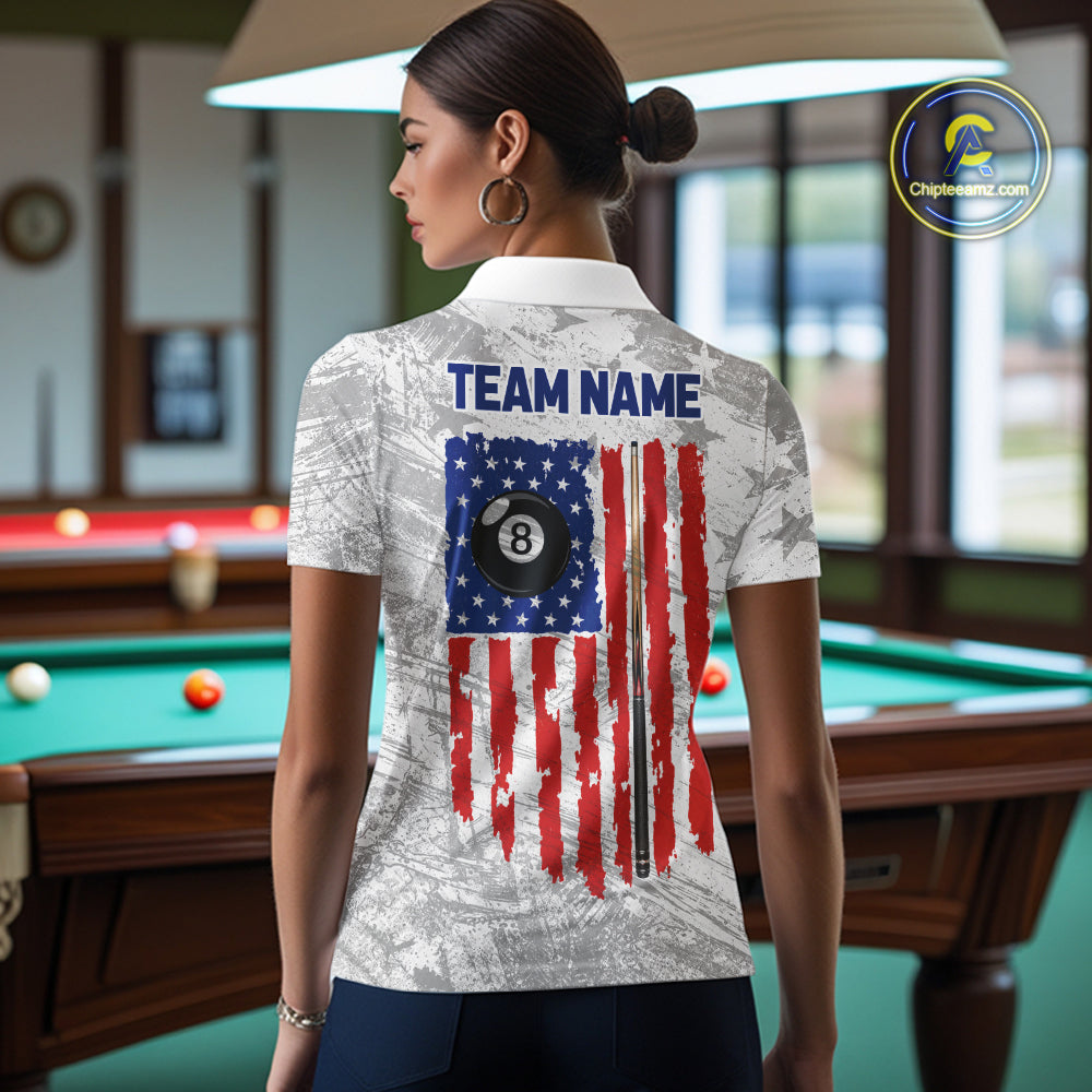 Grey Grunge US Flag Billiard Polo 1/4-Zip Shirt For Women Custom Patriotic Billiard Team Jersey NYN4606