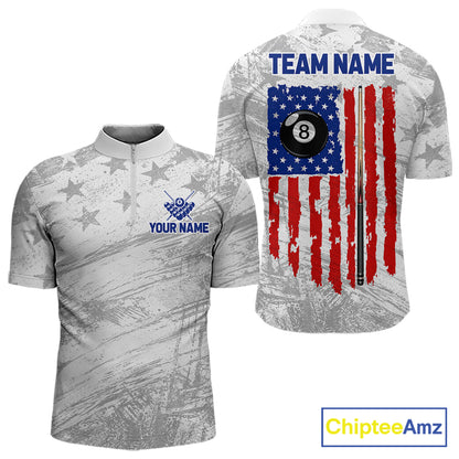Grey Grunge US Flag Billiard Polo 1/4-Zip Shirt For Men Custom Patriotic Billiard Team Jersey NYN4606