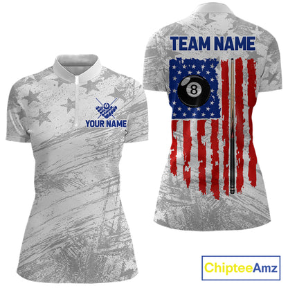 Grey Grunge US Flag Billiard Polo 1/4-Zip Shirt For Women Custom Patriotic Billiard Team Jersey NYN4606