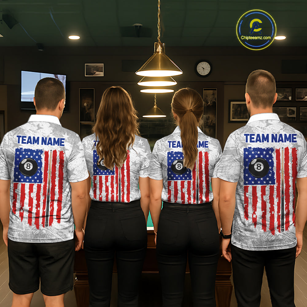 Grey Grunge US Flag Billiard Polo 1/4-Zip Shirt For Men Custom Patriotic Billiard Team Jersey NYN4606