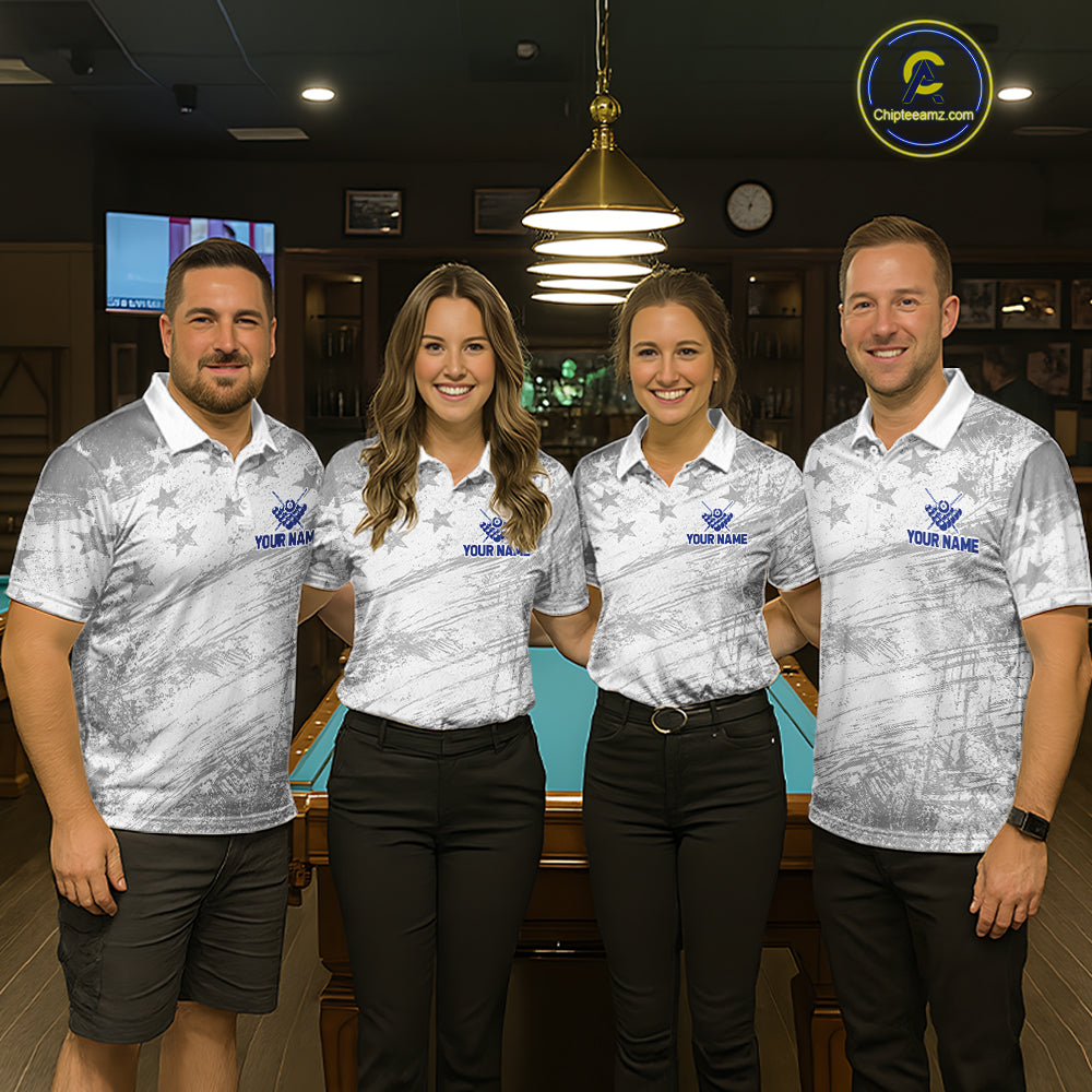 Grey Grunge US Flag Billiard Polo 1/4-Zip Shirt For Men Custom Patriotic Billiard Team Jersey NYN4606