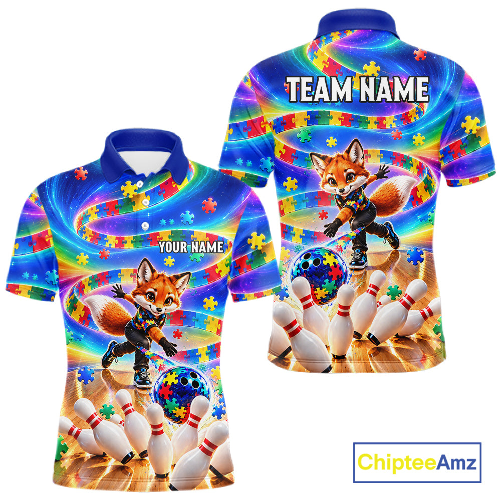 Custom Puzzle Autism Awareness Bowling Polo 1/4-Zip For Men Funny Fox Rainbow Bowling Team Jerseys NYN4945