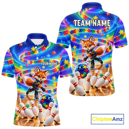 Custom Puzzle Autism Awareness Bowling Polo 1/4-Zip For Men Funny Fox Rainbow Bowling Team Jerseys NYN4945