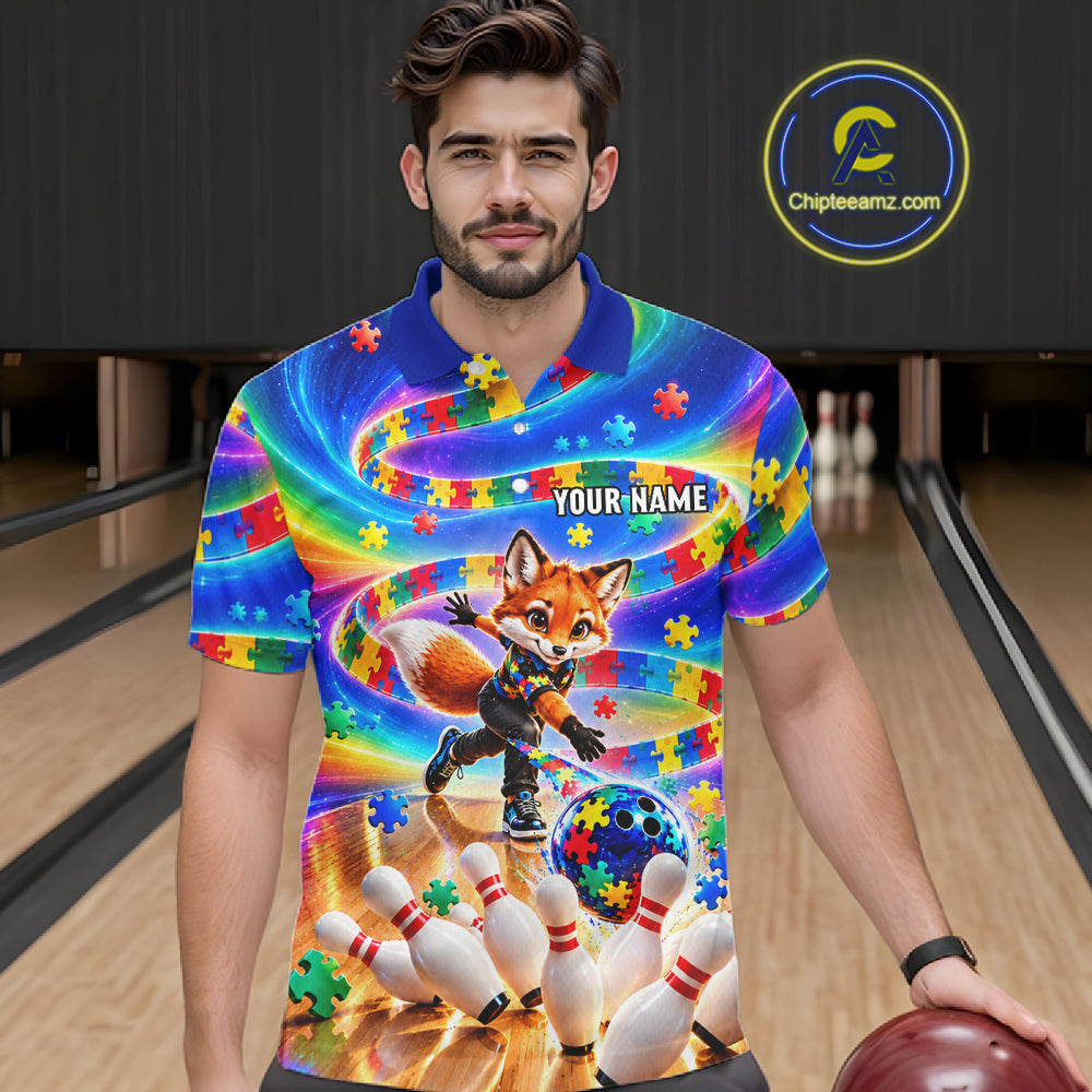 Custom Puzzle Autism Awareness Bowling Polo 1/4-Zip For Men Funny Fox Rainbow Bowling Team Jerseys NYN4945