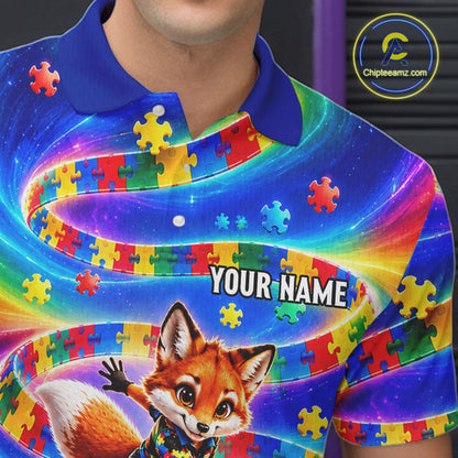 Custom Puzzle Autism Awareness Bowling Polo 1/4-Zip For Men Funny Fox Rainbow Bowling Team Jerseys NYN4945
