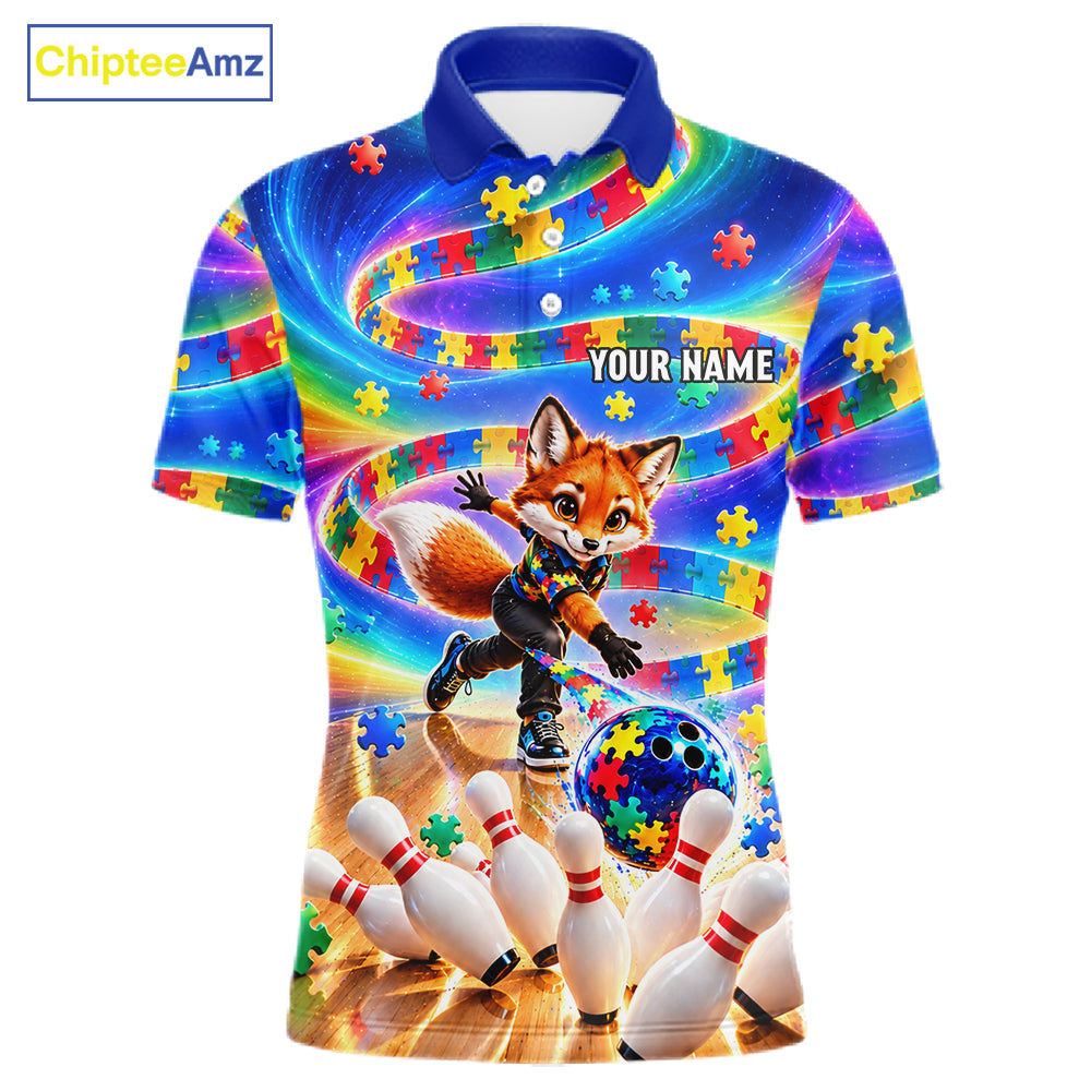 Custom Puzzle Autism Awareness Bowling Polo 1/4-Zip For Men Funny Fox Rainbow Bowling Team Jerseys NYN4945